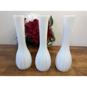 Vintage Milk Glass Fluted Bud Vases White Ribbed Scalloped‎ Wedding Decor Retro